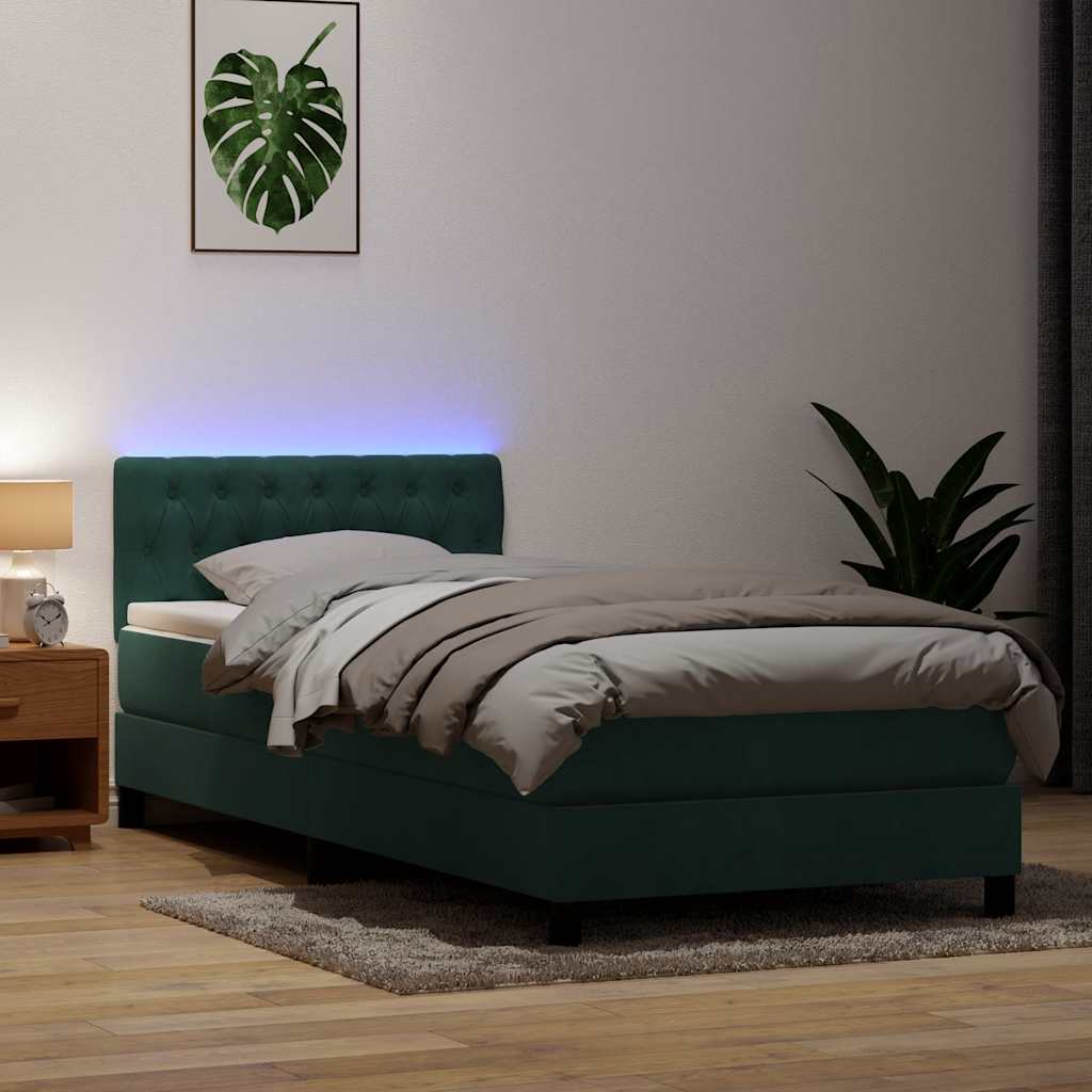 Letto a Molle con Materasso e LED Verde Scuro 80x220 cm Velluto - homemem39
