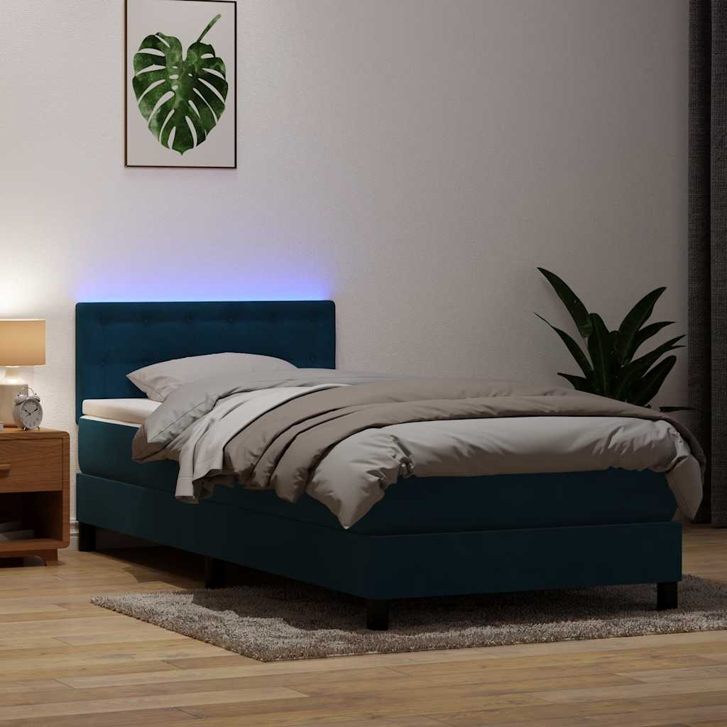 Letto a Molle con Materasso e LED Blu Scuro 80x210 cm Velluto | homemem39