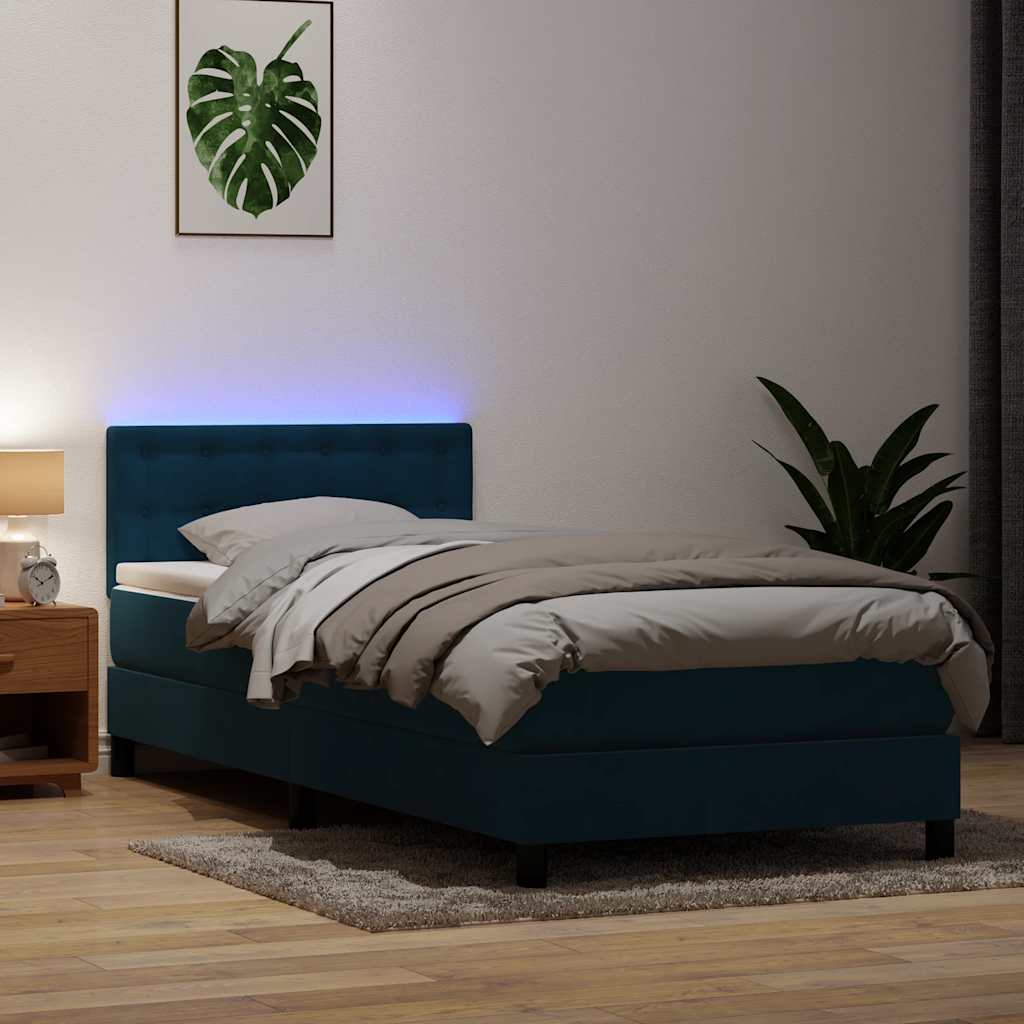 Letto a Molle con Materasso e LED Blu Scuro 80x220 cm Velluto | homemem39