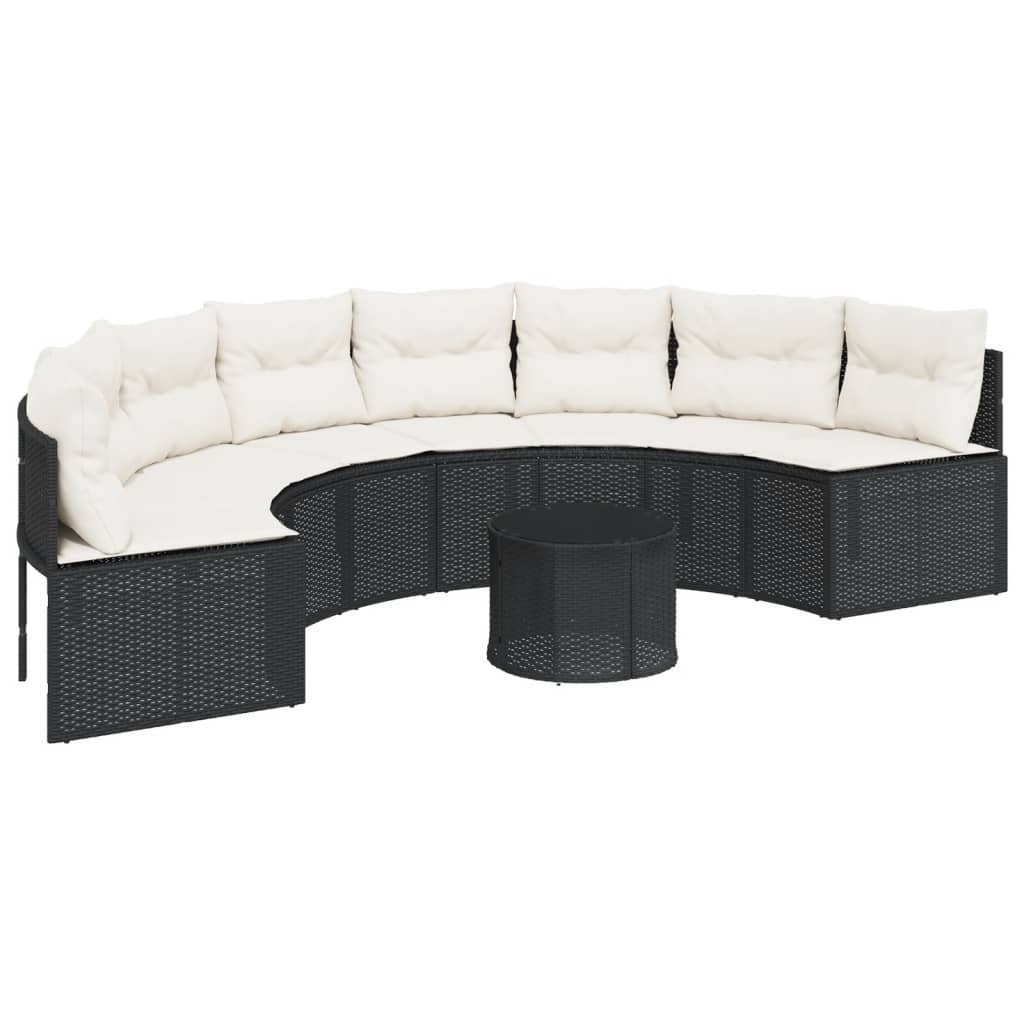 Divano Giardino Tavolo e Cuscini Semicircolare Nero Polyrattan