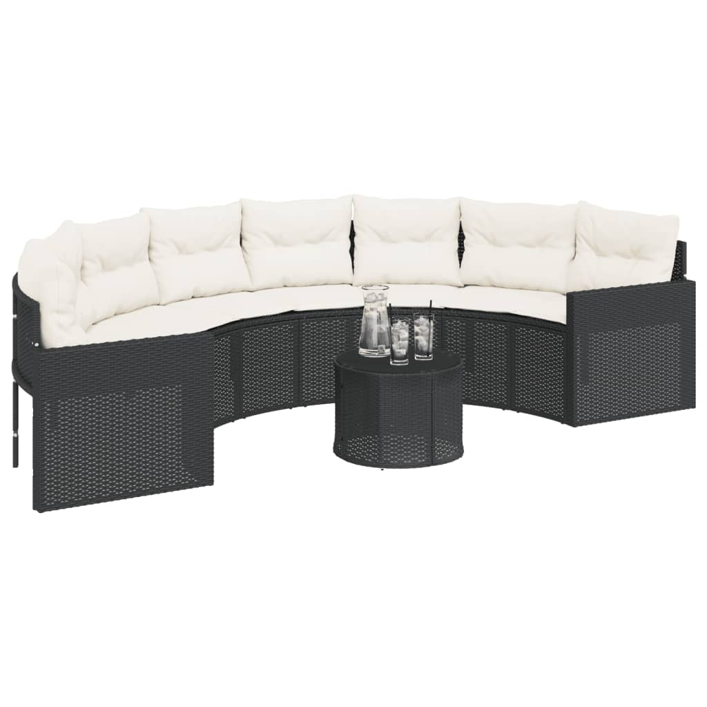 Divano Giardino Tavolo e Cuscini Semicircolare Nero Polyrattan | homemem39