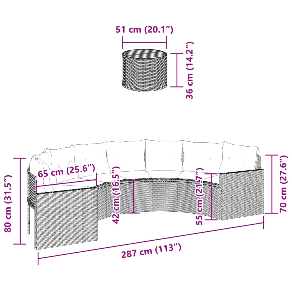 Divano Giardino Tavolo e Cuscini Semicircolare Nero Polyrattan