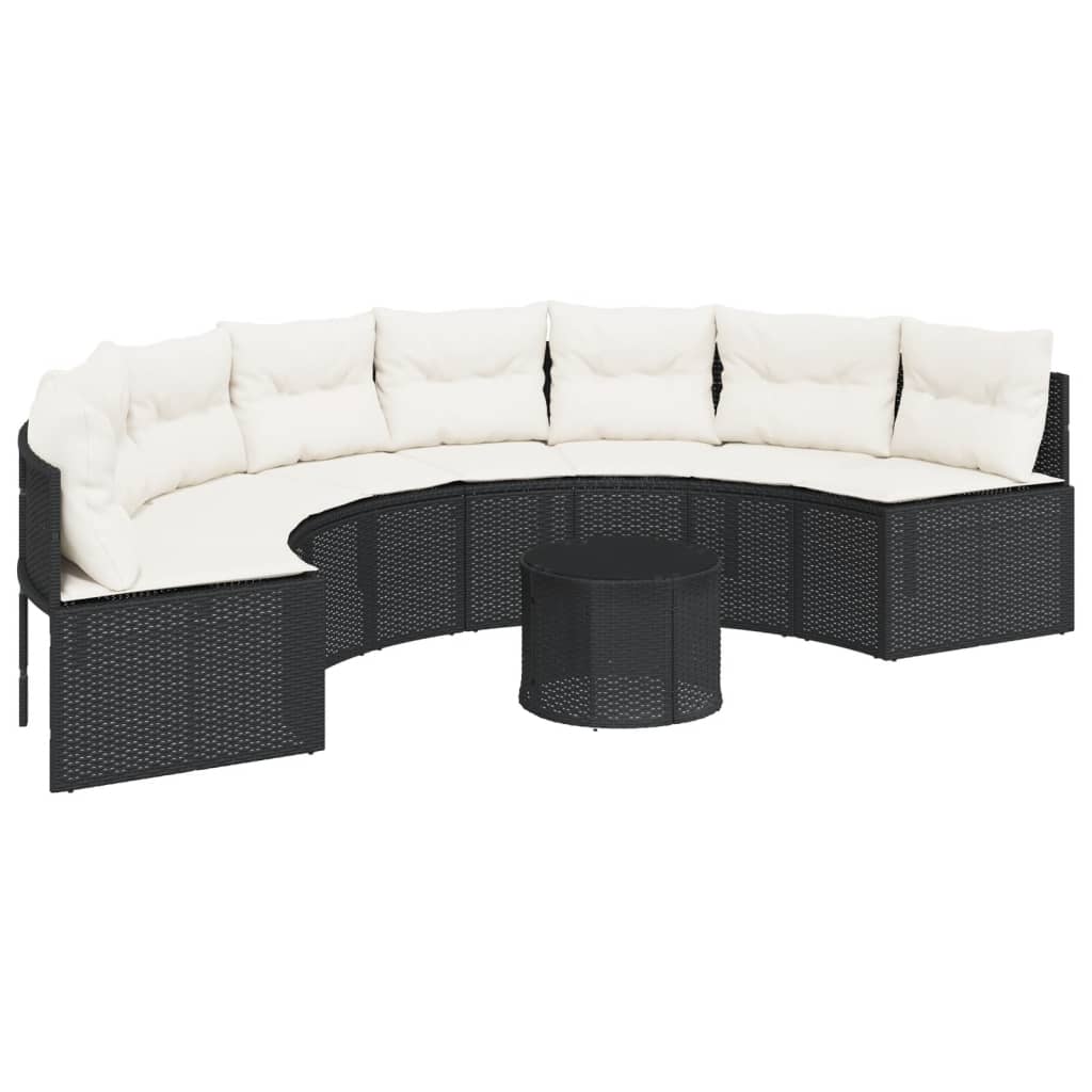 Divano Giardino Tavolo e Cuscini Semicircolare Nero Polyrattan