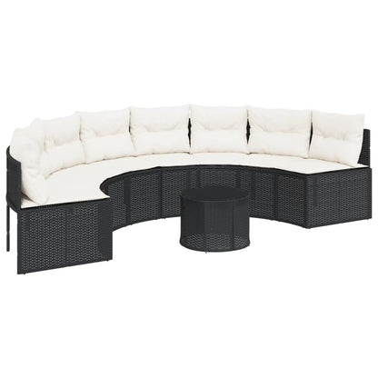 Divano Giardino Tavolo e Cuscini Semicircolare Nero Polyrattan