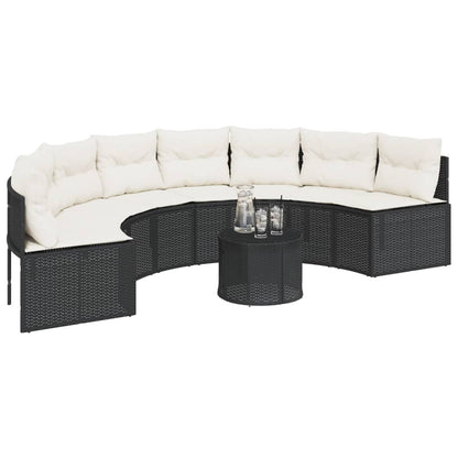 Divano Giardino Tavolo e Cuscini Semicircolare Nero Polyrattan