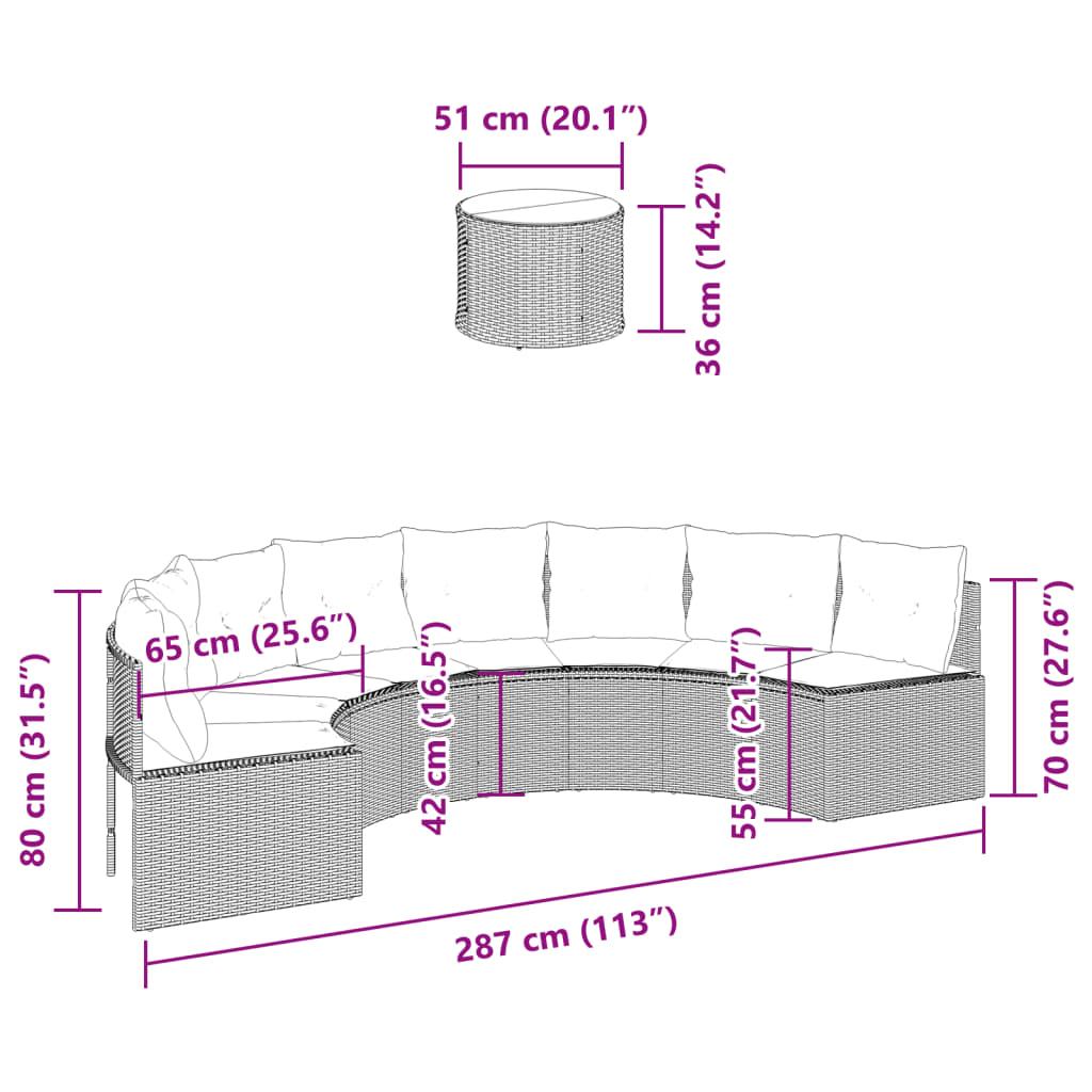 Divano Giardino Tavolo e Cuscini Semicircolare Nero Polyrattan