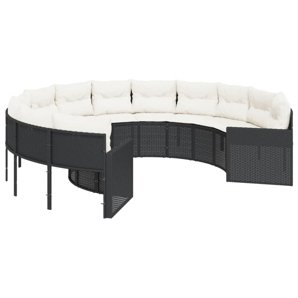 Divano da Giardino con Cuscini Circolare Nero in Polyrattan