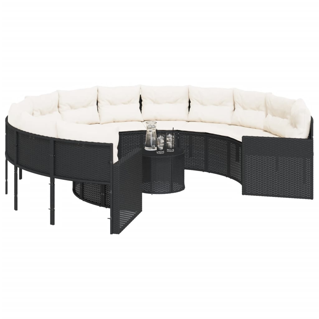 Divano Giardino con Tavolo e Cuscini Circolare Nero Polyrattan