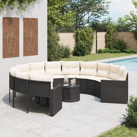 Divano Giardino con Tavolo e Cuscini Circolare Nero Polyrattan | homemem39