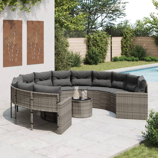 Divano da Giardino Tavolo e Cuscini Circolare Grigio Polyrattan | homemem39