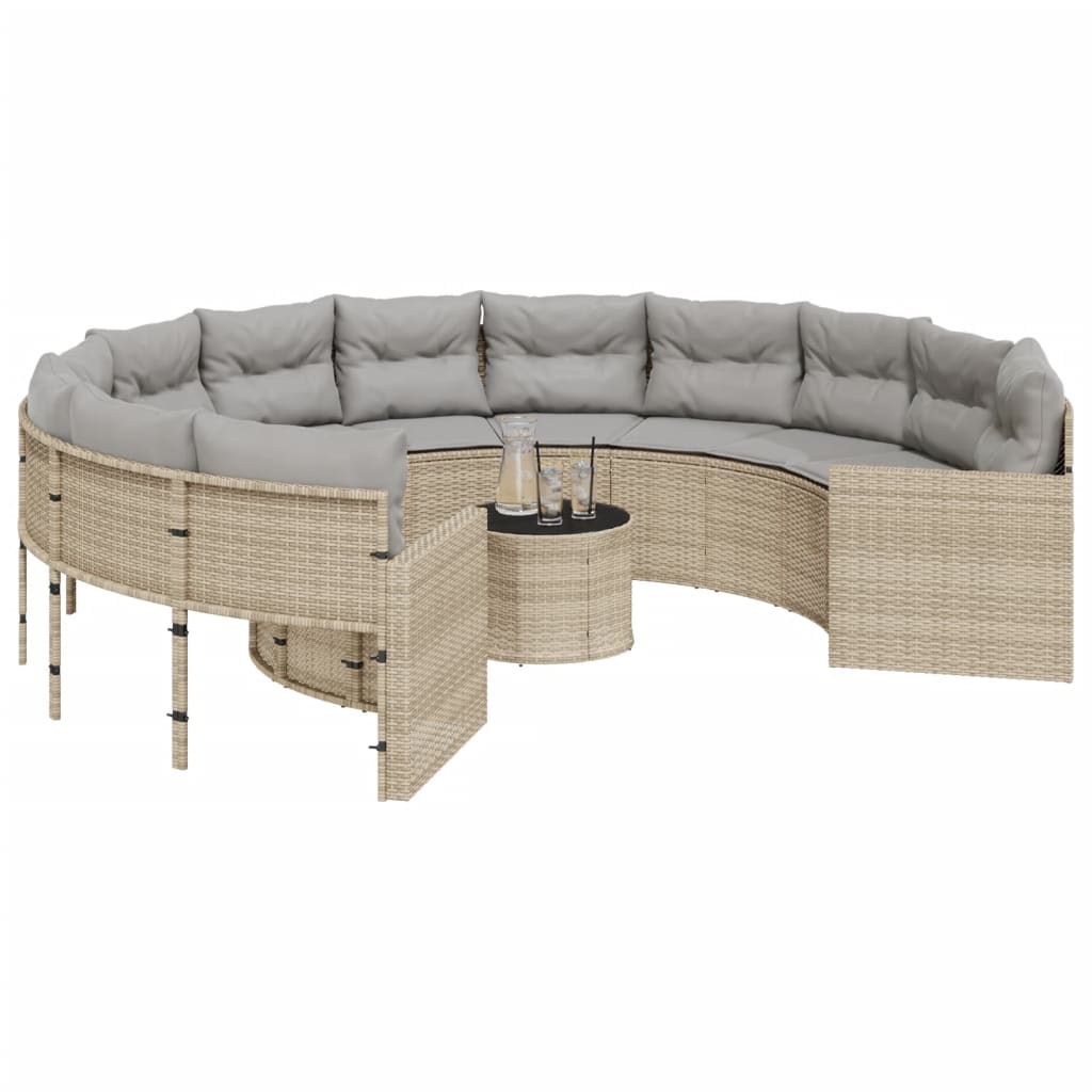 Divano Giardino con Tavolo e Cuscini Circolare Beige Polyrattan | homemem39