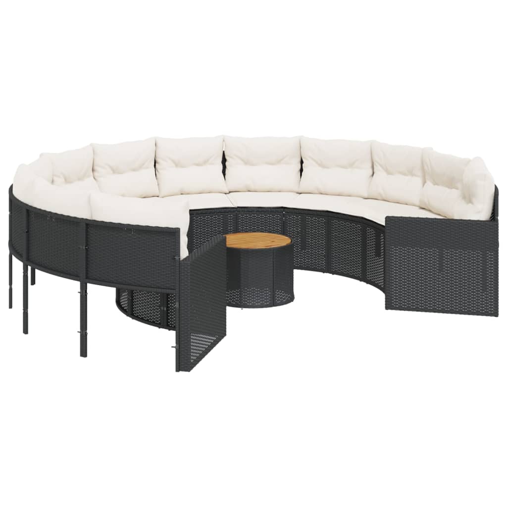 Divano Giardino con Tavolo e Cuscini Circolare Nero Polyrattan