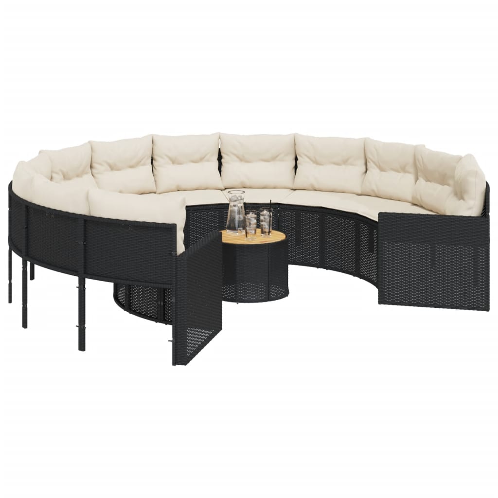 Divano Giardino con Tavolo e Cuscini Circolare Nero Polyrattan