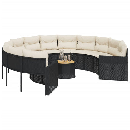 Divano Giardino con Tavolo e Cuscini Circolare Nero Polyrattan