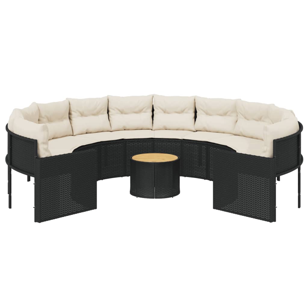 Divano Giardino con Tavolo e Cuscini Circolare Nero Polyrattan