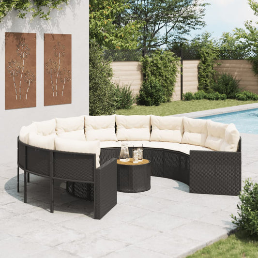 Divano Giardino con Tavolo e Cuscini Circolare Nero Polyrattan | homemem39