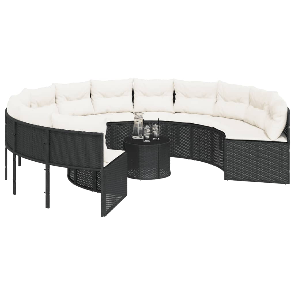 Divano Giardino con Tavolo e Cuscini Circolare Nero Polyrattan | homemem39