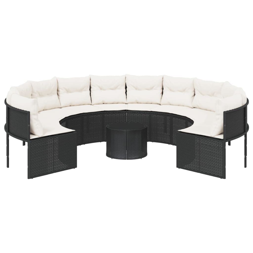 Divano Giardino con Tavolo e Cuscini Circolare Nero Polyrattan