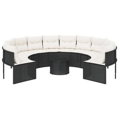 Divano Giardino con Tavolo e Cuscini Circolare Nero Polyrattan