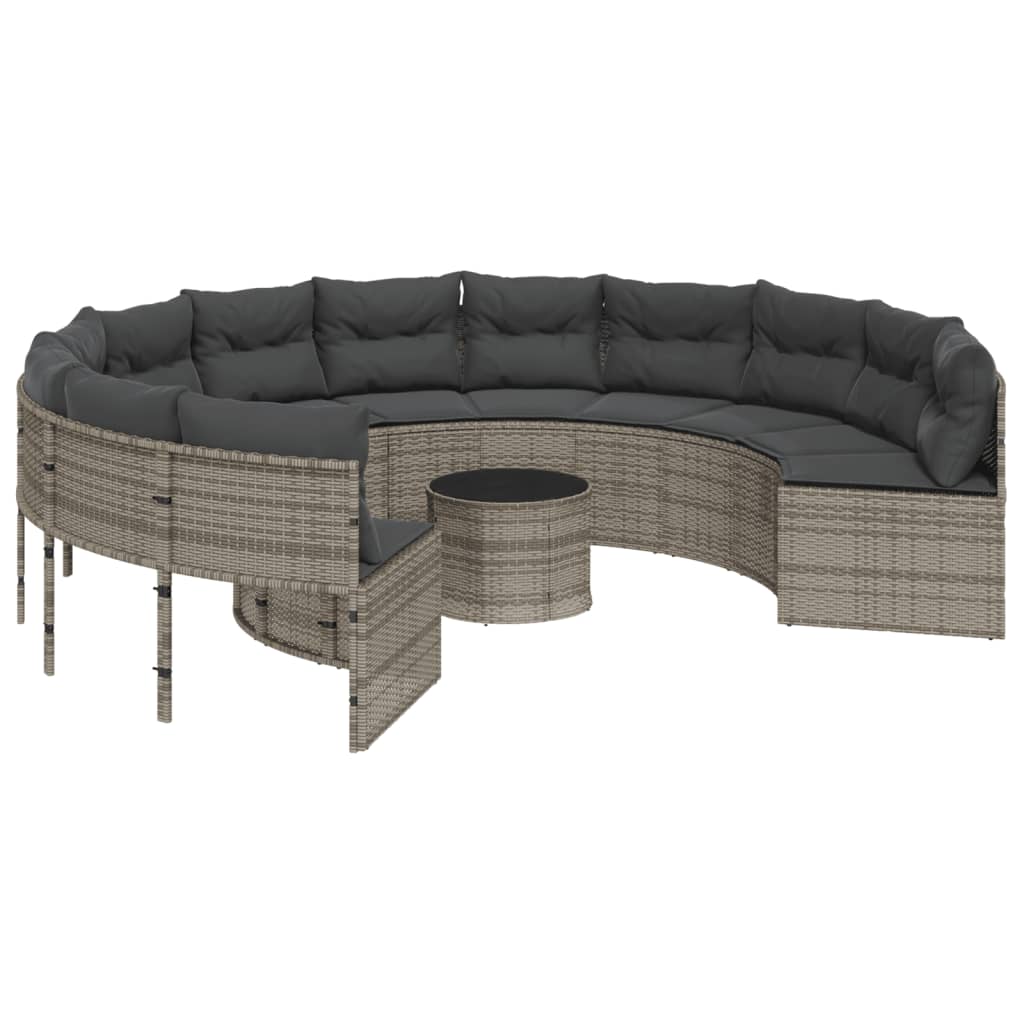 Divano da Giardino Tavolo e Cuscini Circolare Grigio Polyrattan | homemem39