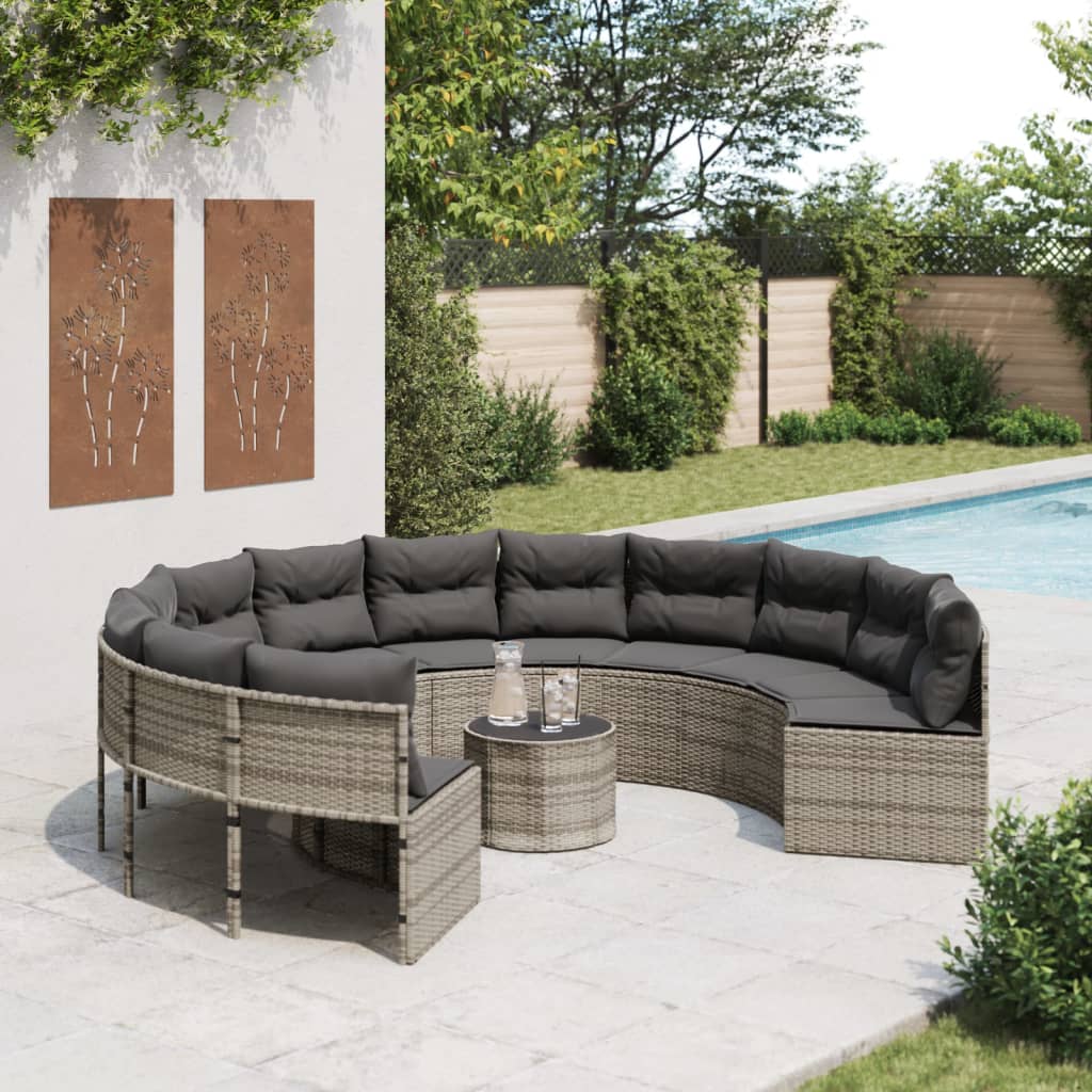 Divano da Giardino Tavolo e Cuscini Circolare Grigio Polyrattan | homemem39