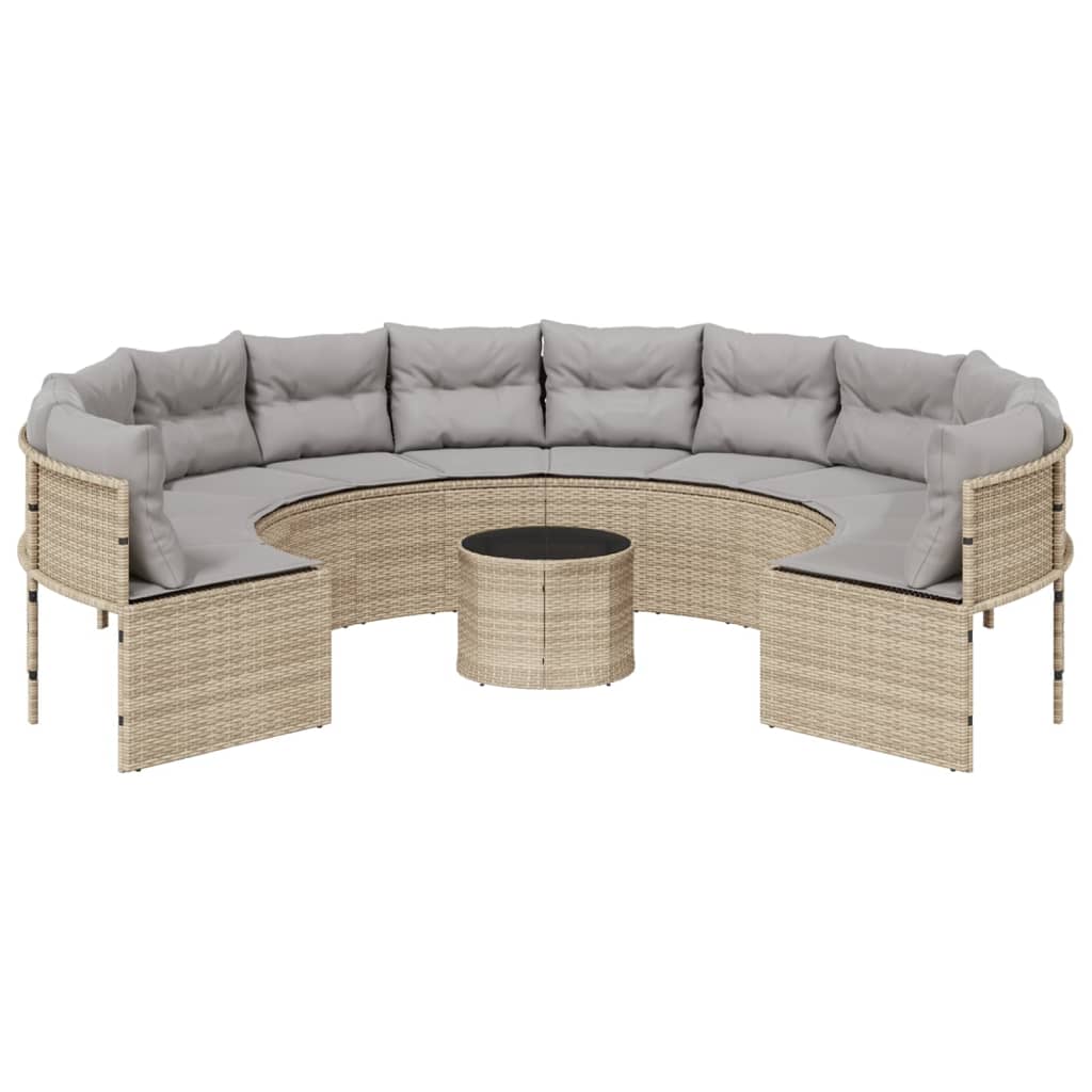 Divano Giardino con Tavolo e Cuscini Circolare Beige Polyrattan