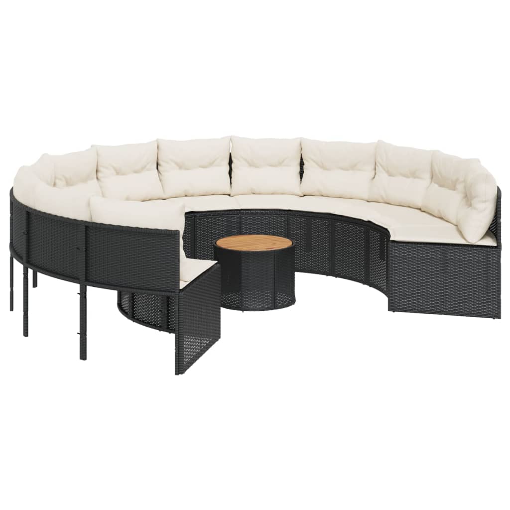 Divano Giardino con Tavolo e Cuscini Circolare Nero Polyrattan | homemem39