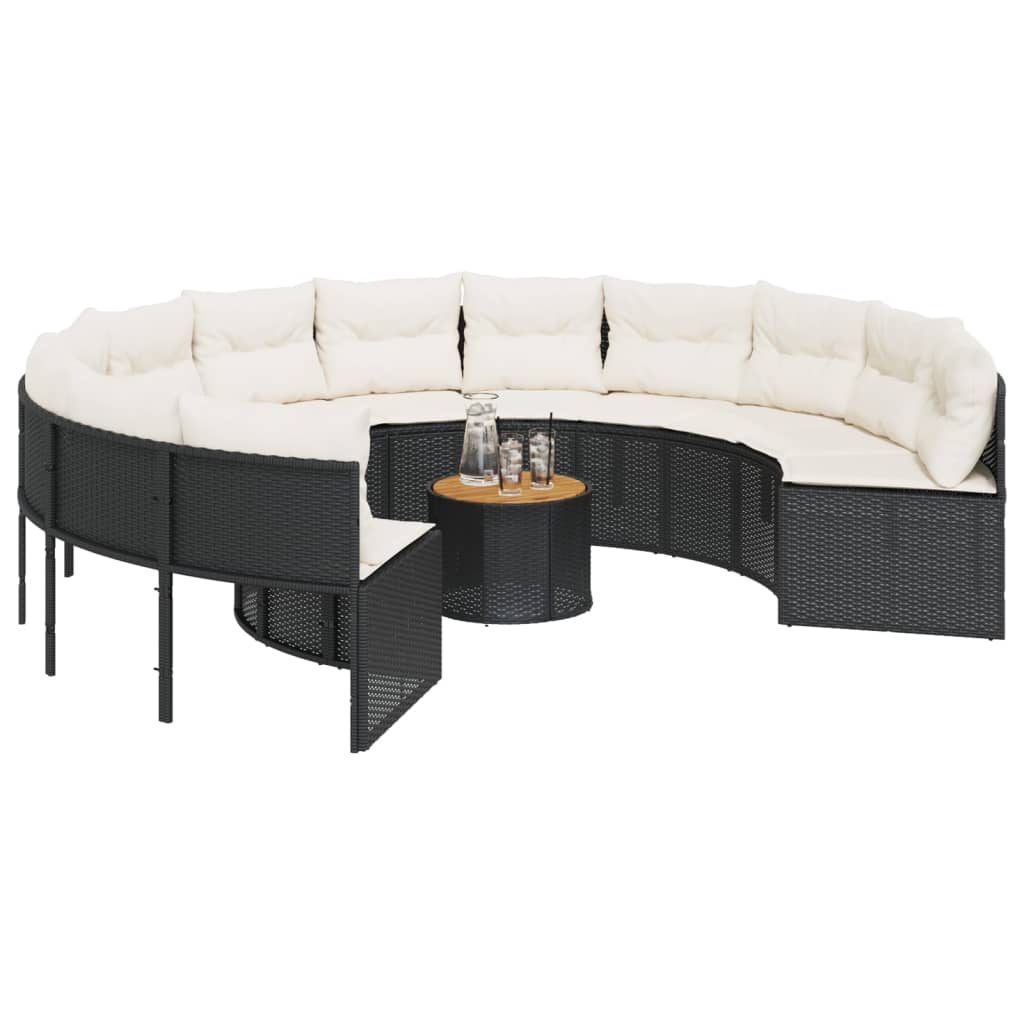 Divano Giardino con Tavolo e Cuscini Circolare Nero Polyrattan | homemem39