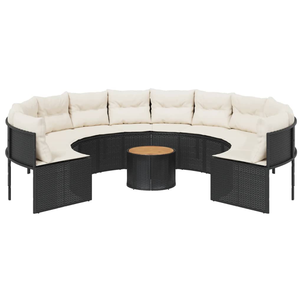 Divano Giardino con Tavolo e Cuscini Circolare Nero Polyrattan