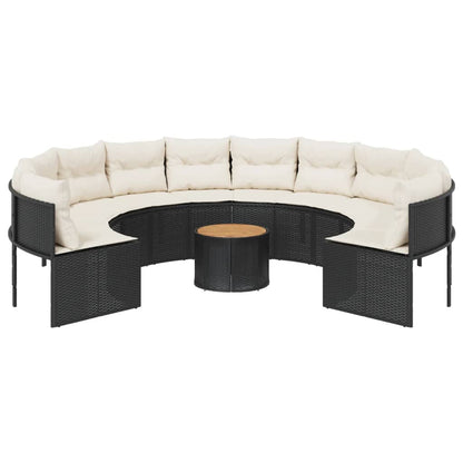 Divano Giardino con Tavolo e Cuscini Circolare Nero Polyrattan