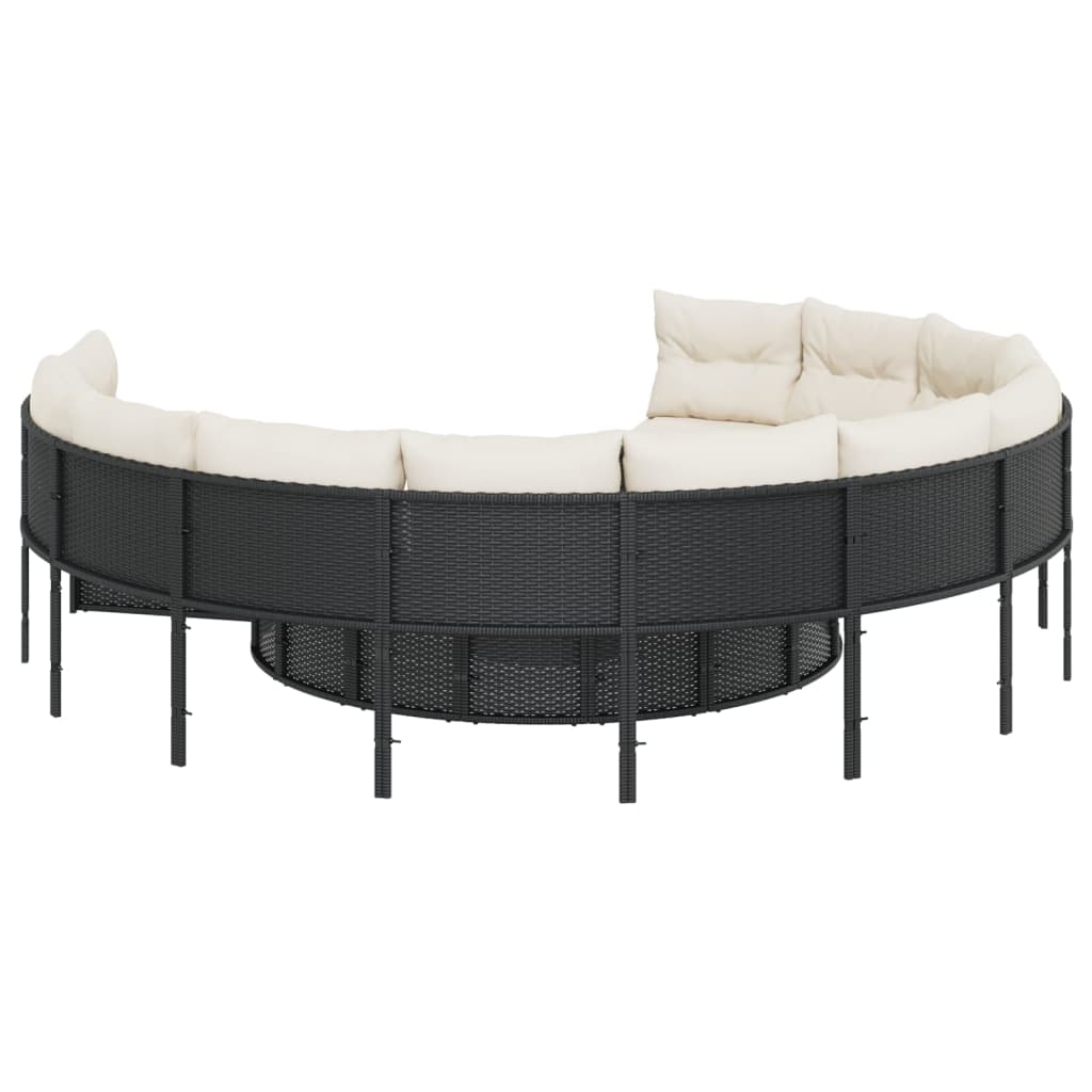 Divano Giardino con Tavolo e Cuscini Circolare Nero Polyrattan