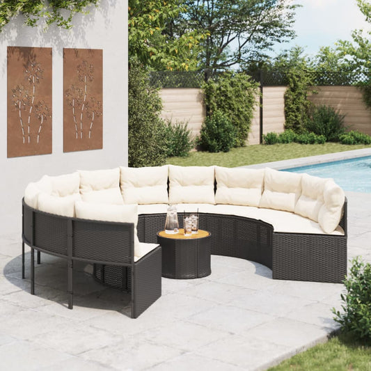 Divano Giardino con Tavolo e Cuscini Circolare Nero Polyrattan | homemem39