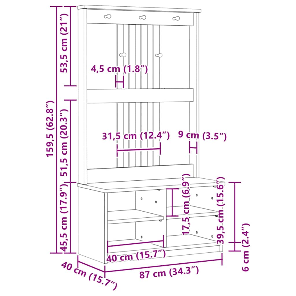 Albero da Ingresso SANDNES 87x40x159,5 cm in Legno di Pino