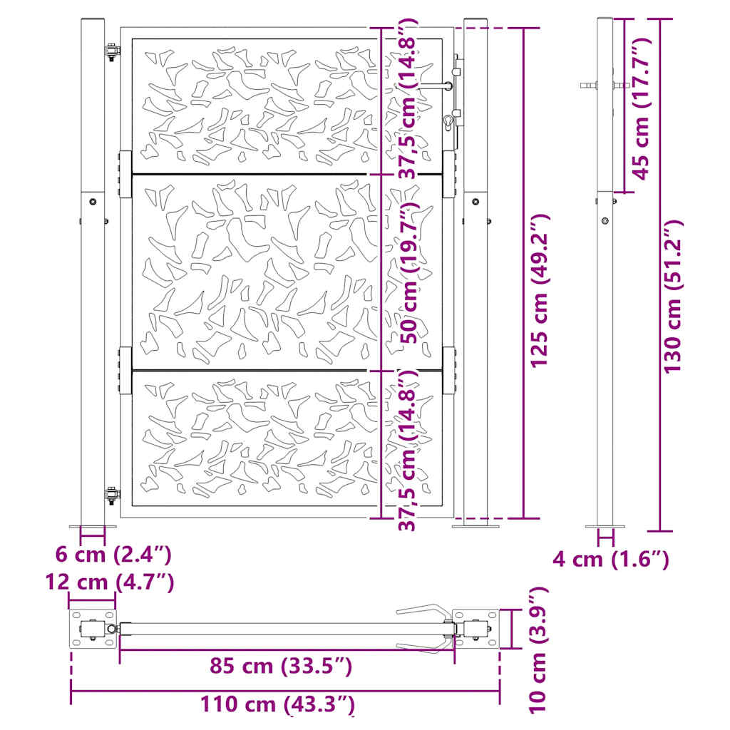 Cancello da giardino nero 100x125 cm in acciaio con design a foglia | homemem39