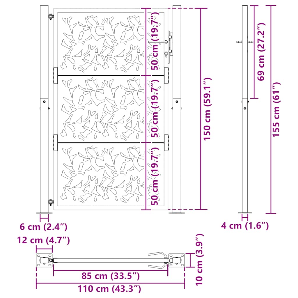 Cancello da giardino nero 100x150 cm in acciaio con design a foglia | homemem39