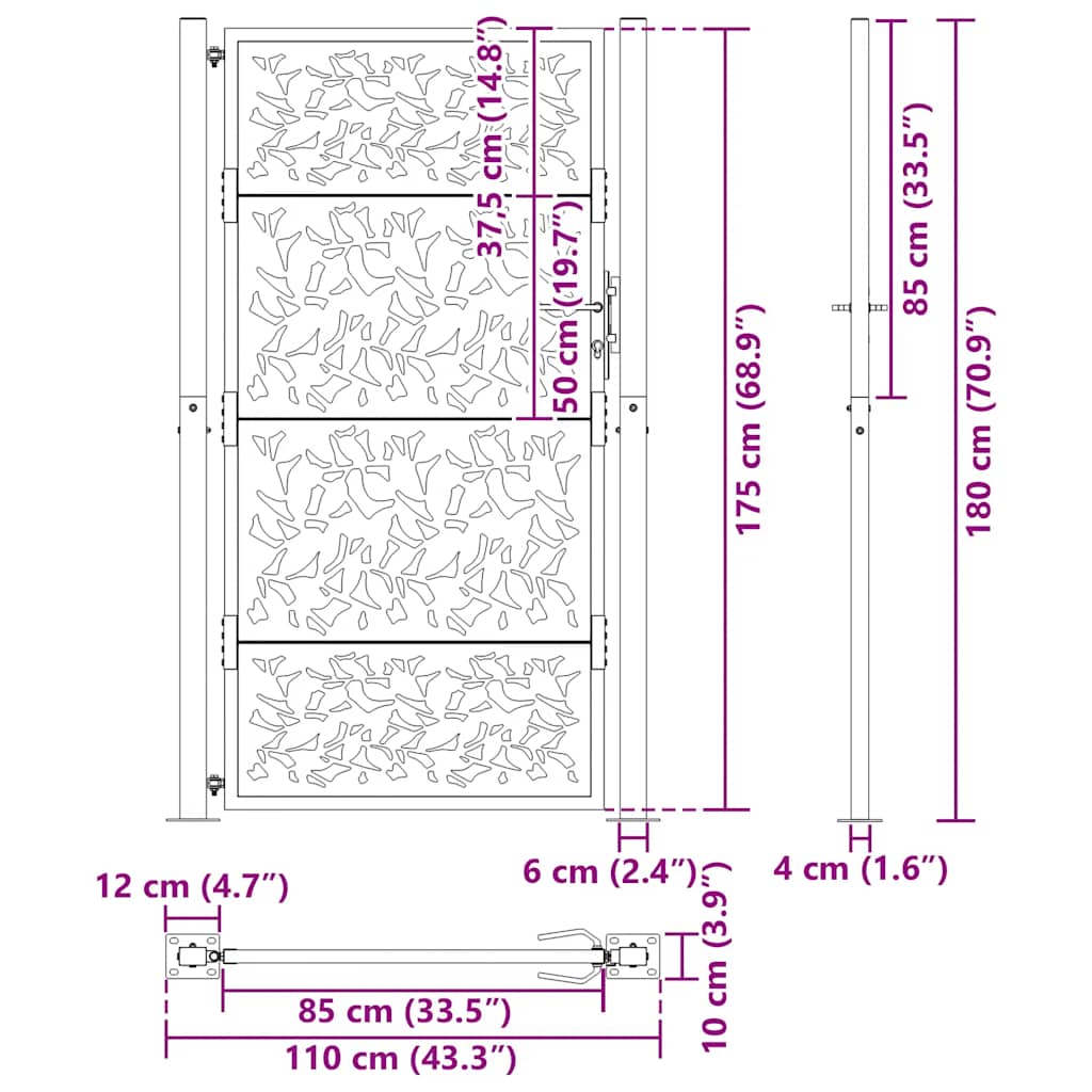 Cancello da giardino nero 100x175 cm in acciaio con design a foglia | homemem39