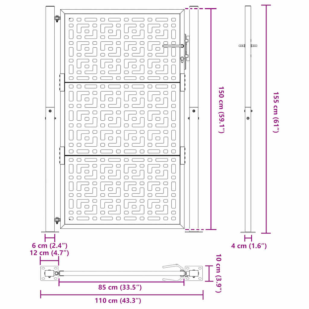 Cancello da giardino nero 100x150 cm in acciaio con design a croce | homemem39