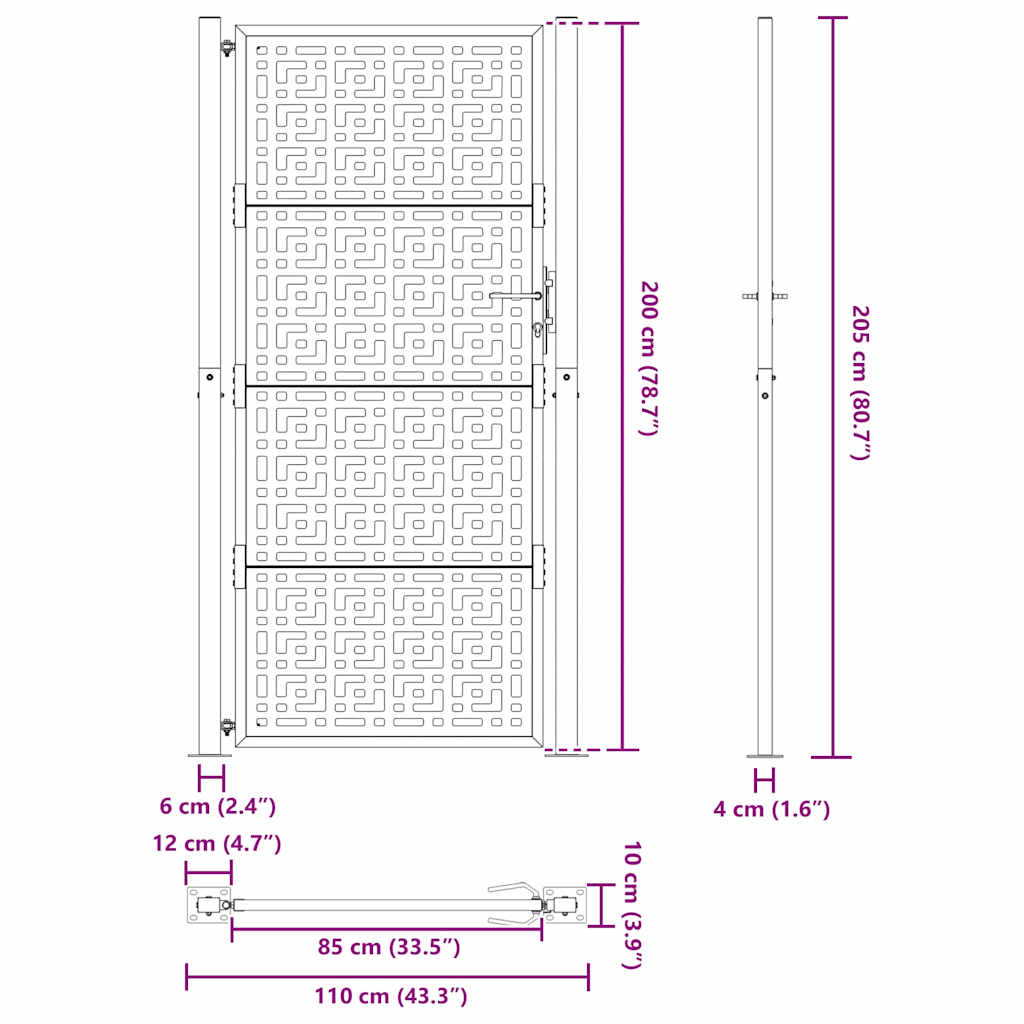 Cancello da giardino nero 100x200 cm in acciaio con design a croce | homemem39