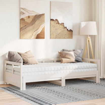 Divano Letto con Rotelle e Materasso Bianco 90x200cm Legno Pino | homemem39