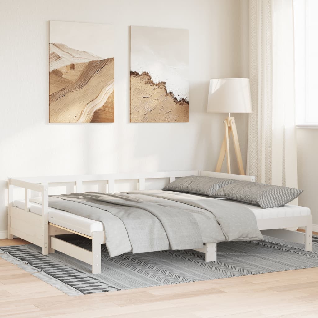 Divano Letto con Rotelle e Materasso Bianco 90x200cm Legno Pino | homemem39