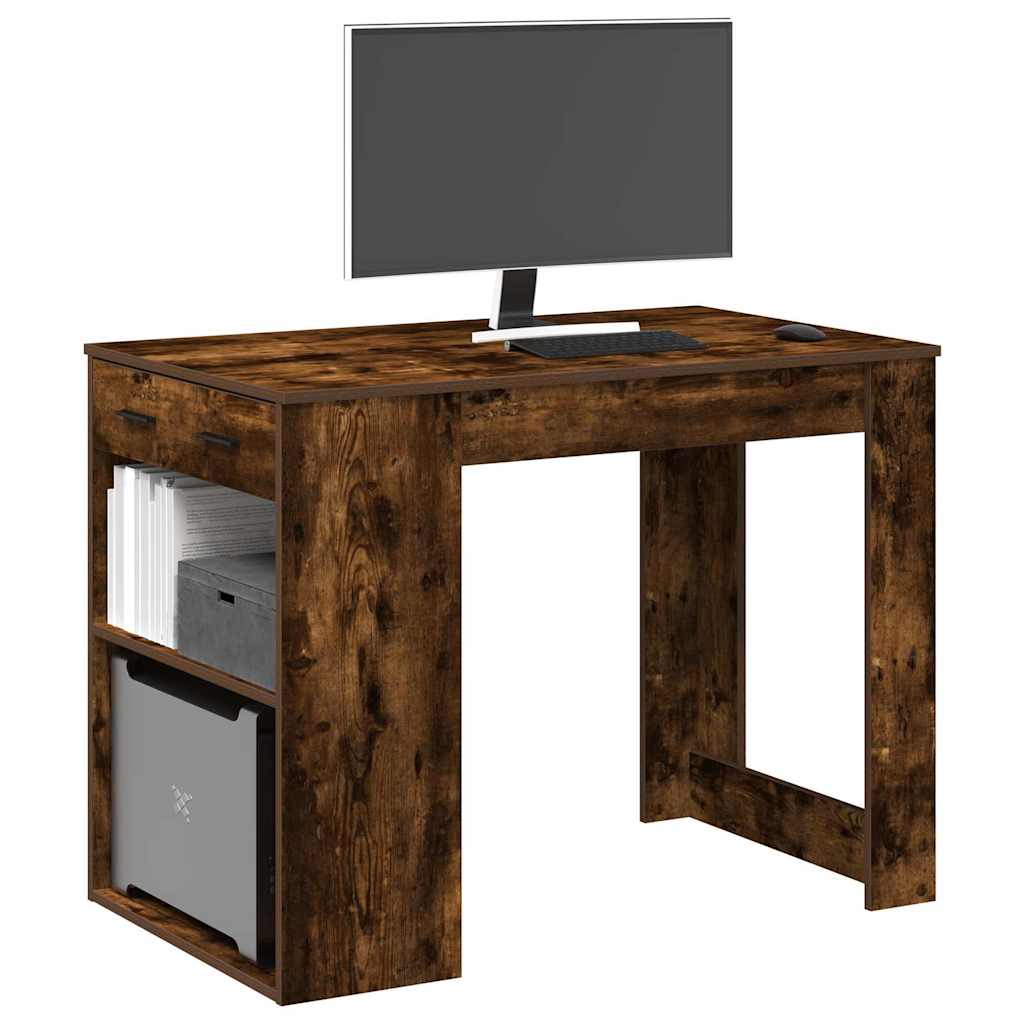 Scrivania con Cassetto e Ripiano Rovere Fumo Legno Multistrato | homemem39