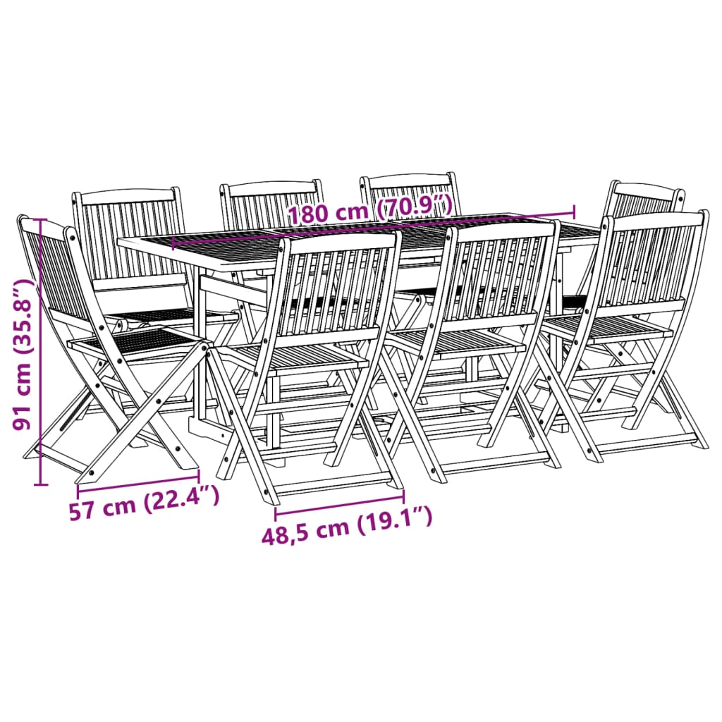 Set da Pranzo da Giardino 9pz 180x90x75cm Legno Massello Acacia | homemem39