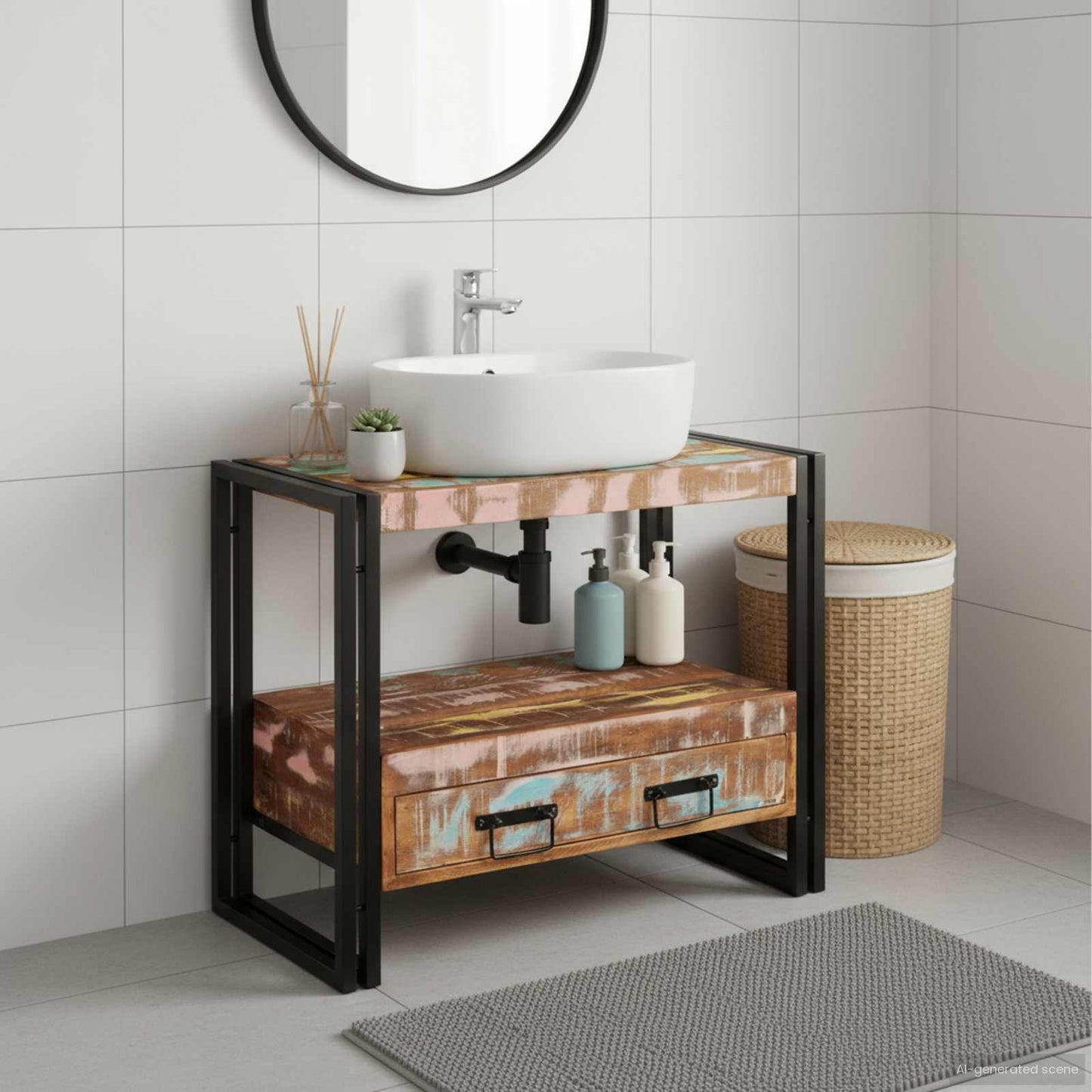 Armadio da bagno Multicolore Legno Recuperato Massello