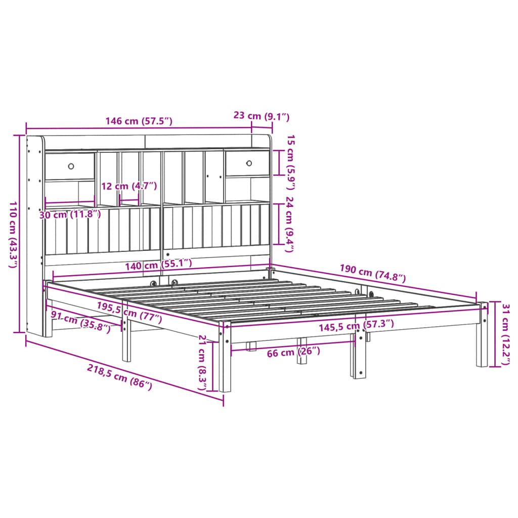 Letto Libreria senza Materasso Bianco 140x190 cm Legno di Pino