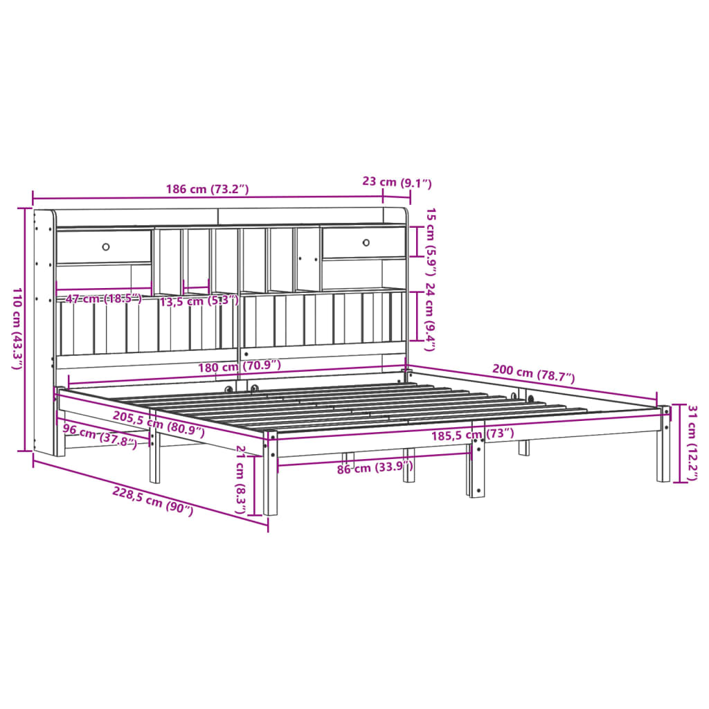 Letto Libreria senza Materasso 180x200 cm in Legno di Pino | homemem39