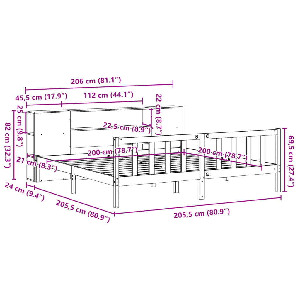 Letto Libreria senza Materasso Bianco 200x200 cm Legno di Pino