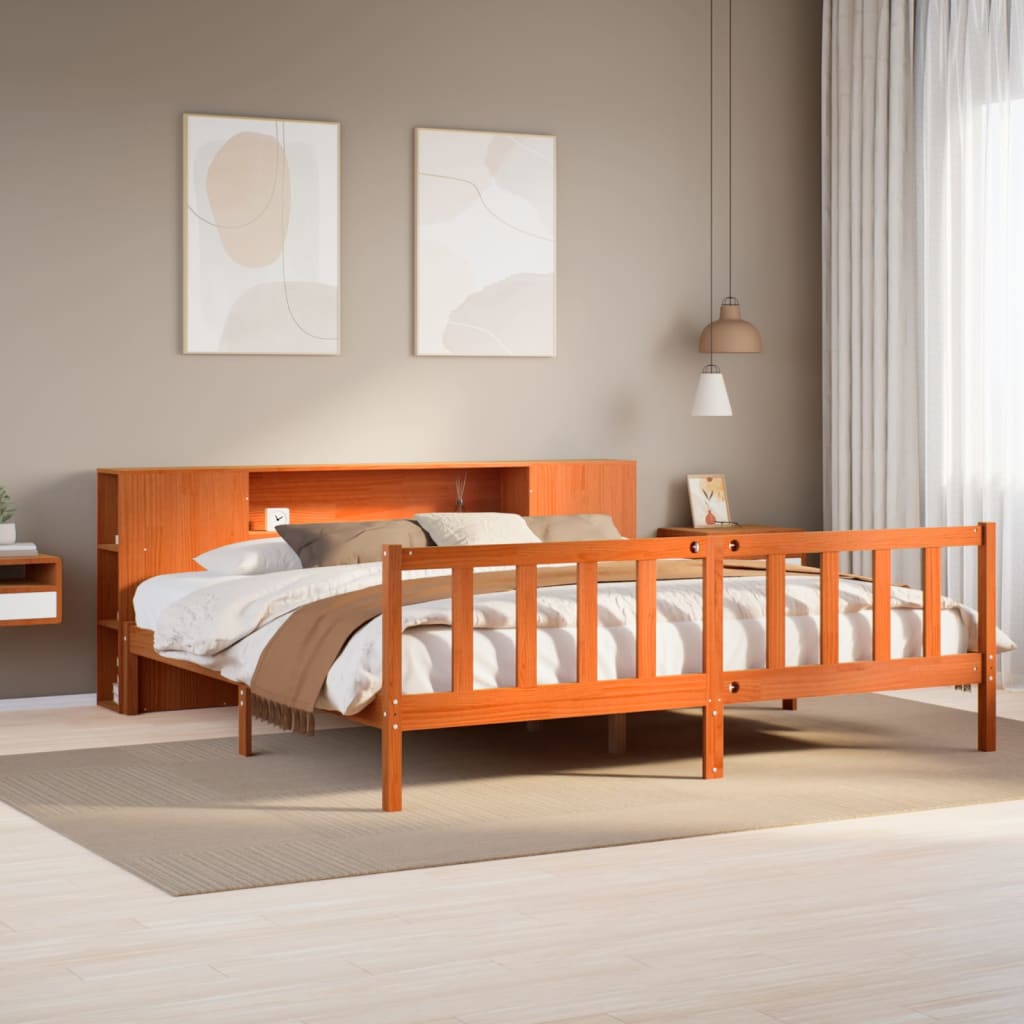 Letto Libreria senza Materasso Marrone Cera 200x200 cm in Pino