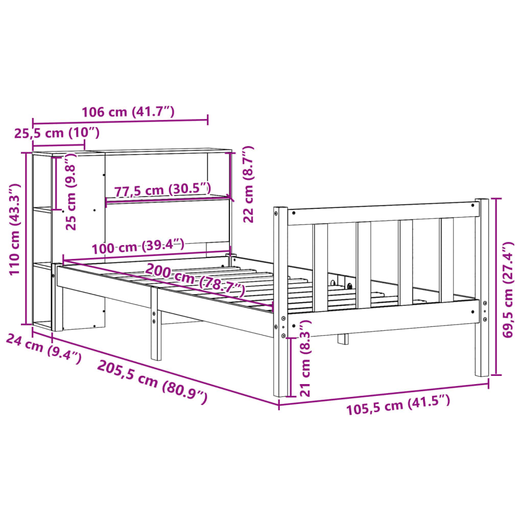 Letto Libreria senza Materasso 100x200 cm in Legno di Pino