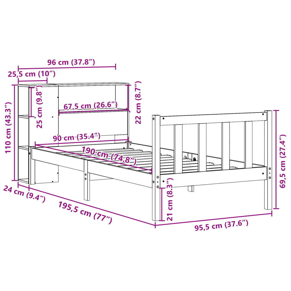 Letto Libreria senza Materasso Marrone Cera 90x190 cm in Pino