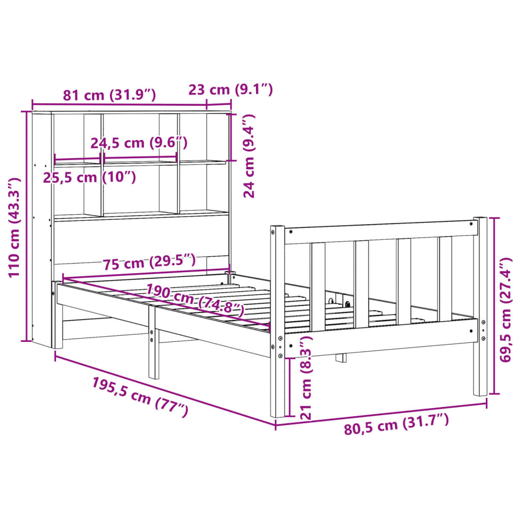 Giroletto con Libreria senza Materasso 75x190 cm in Legno Pino